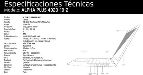 Laptop Vorago Alpha Plus V2 Plata 14 , Intel Celeron N4020, 4gb De Ram, 64gb + 500gb Hdd, Gráficos Uhd Intel 600, Windows 10 Pro