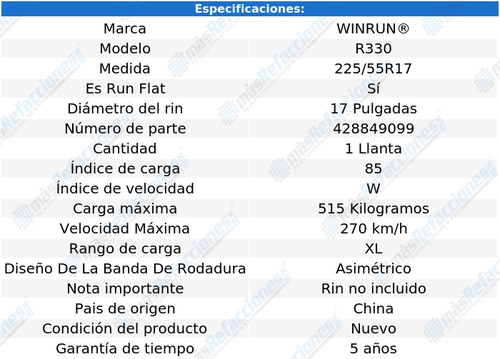 Llanta 225/55rf17(runflat) 85w Xl Winrun R330 Auto