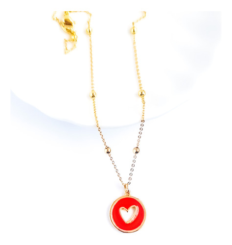 Collar Colgante Corazón Rojo Baño De Oro Mujer 