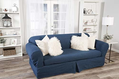 2 Piece Cotton Washed Heavy Denim Sofa Slipcover, Blue