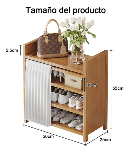 Zapatera Moderna Madera 4capas Entrada Con Cortina 50cm Marrón