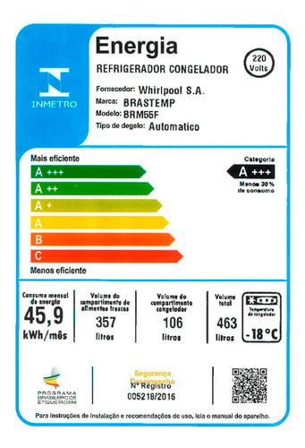 Geladeira Frost Free Duplex A+++ BRM55FK 463 Litros Cor Inox Brastemp 220 V