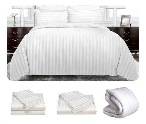 Imagen 1 de 4 de Set Duvet 8 Pzas Blanco Líneas Microfibra Doble