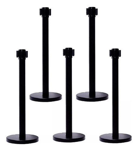Set De5 Postes Y Cinta Negra Retráctil Para Control De Filas