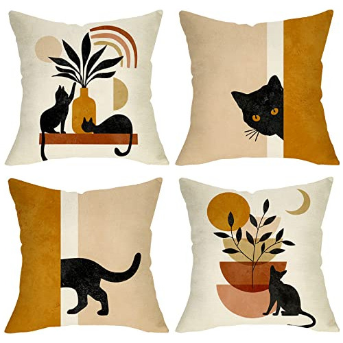 Juego De 4 Fundas De Almohada Decorativas Boho Gato Abs...