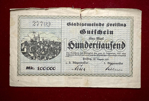 Billete 100000 Marcos Alemania 1923 Kell 1601 B.2 Freising (Usado)