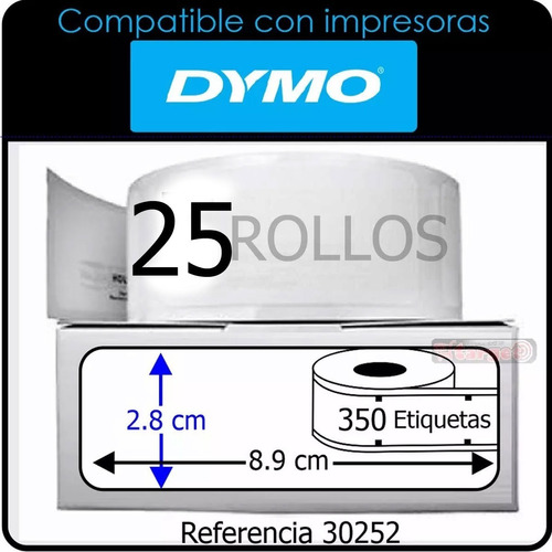 25 Rollos Etiquetas Adhesivas Para Dymo450 Ref 30252 89x28mm