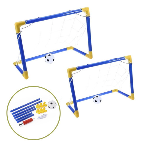 Kit 2 Trave De Futebol Infantil Travinha + 2 Bolas 2 Bombas Cor Azul com amarelo