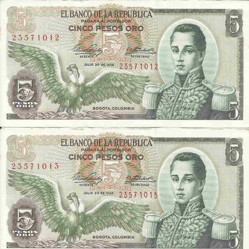Colombia Dúo De Números Consecutivos, 5 Pesos 20 Julio 1968
