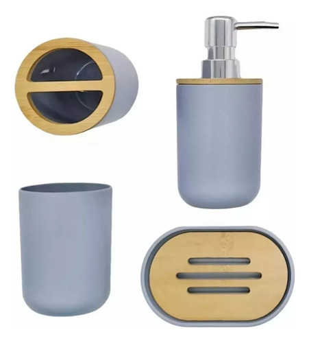 Set Juego Baño 6 Piezas Plastico Bambu Jabonera Organizador Gris