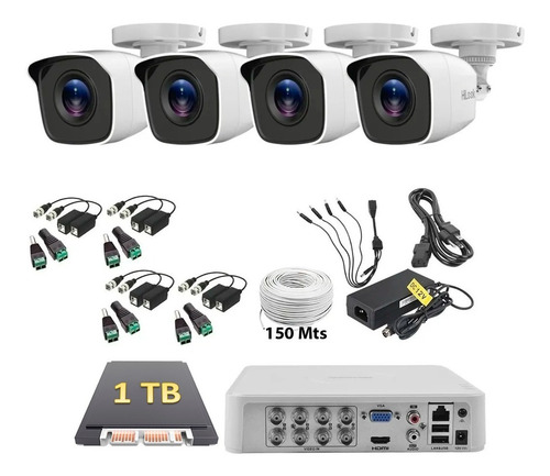 Imagen 1 de 6 de Kit Cctv Hikvision 4 Camaras 1080p 2mp 1tb 150m Baluns Dvr 8