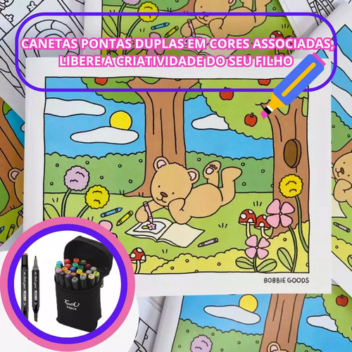 Livro Colorir Bobbie Goods + Kit 24 Canetas Coloridas Artes Rosa