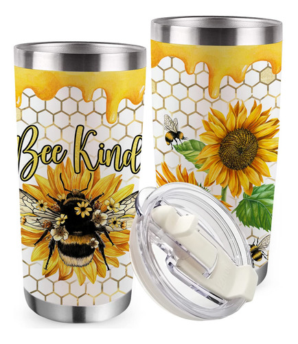 Vaso Inspirador Tapa Pajilla Girasol Acero Inoxidable Miel