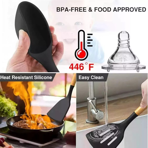 Utensilios Silicona De Cocina Premium Espatula Brocha 12 Set Negro