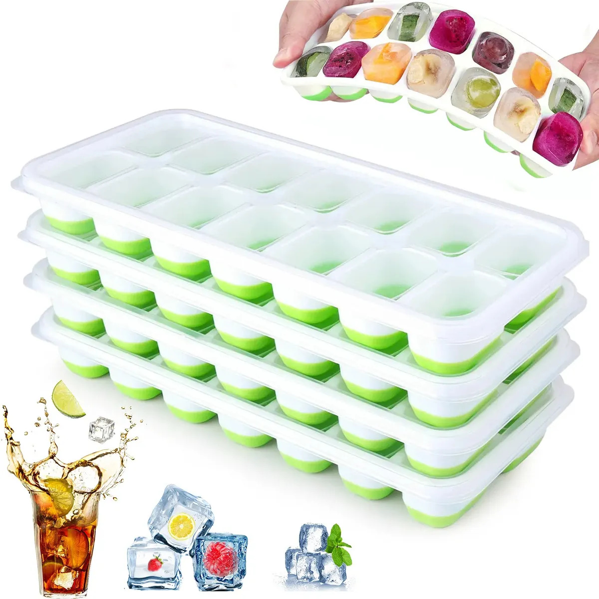 SIMUKY 4 piezas de silicona cubo de hielo moldes, bandejas reutilizables silicon para 56 Cubos de hielo, Banda de molde de Hielo Libre de BPA, Fácil Liberación para Bebidas Frías, 
