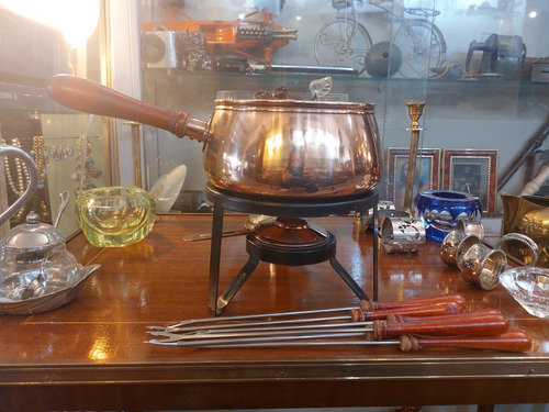 Antigua Fondue Fondeau Cobre Calentador Y Pinches Completa