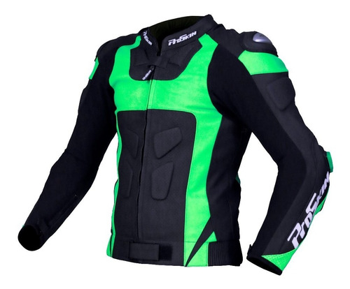 Campera Moto Cuero Faster Body Verde Proteccion Proskin Ofic