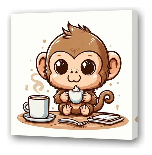 Cuadro 60x60cm Mono Tierno Dibujo Tomando Cafe Coffee