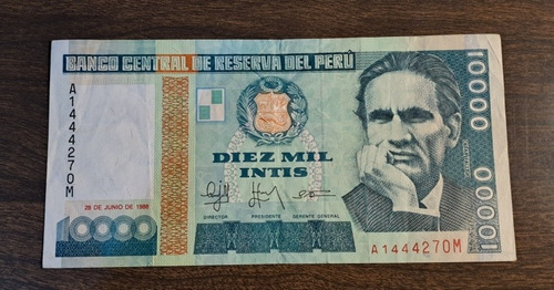 Peru Billete 10000 Intis 1988. Usado !!!