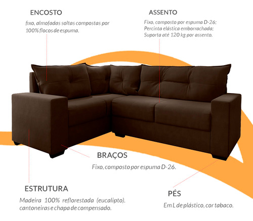 Estofado Sofá De Canto 5 Lugares Veneza Com Espuma D-26
