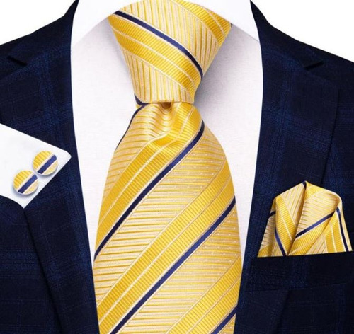 Set Corbata Pañuelo Mancuernillas Seda Amarilla C/ Azul 3702