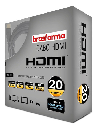 Cabo Hdmi Brasforma 2.0v 4k 3d 19 Pinos - 20mts