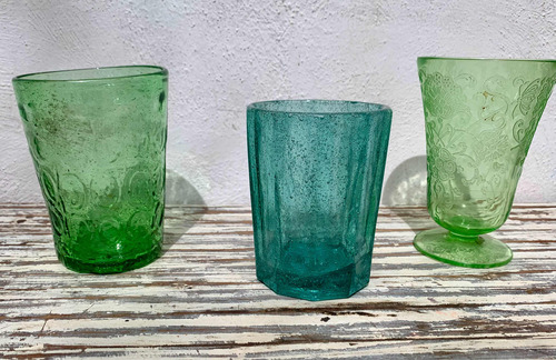 Antiguos Vasos Vidrio Poblano Verde Y Azul