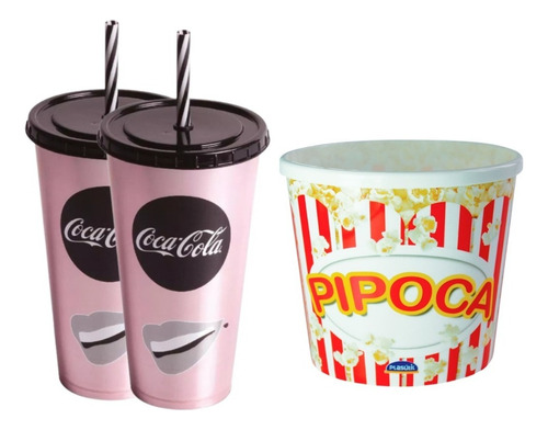 Kit Cinema Copo Refri Coca Cola + Balde Pipoca - Plasútil Cor Rosa