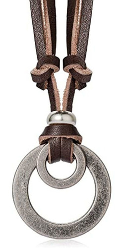 Collar De Cuero Ajustable Dije Doble Circulo De Metal - D966