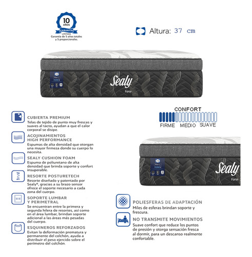 Colchón Sealy Matrimonial Forte + 2 Almohadas Esencial Activ