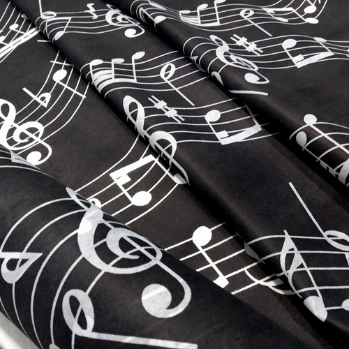 Tnt Estampado Notas Musicais Branco Fundo Preto 1,00m X 1,40