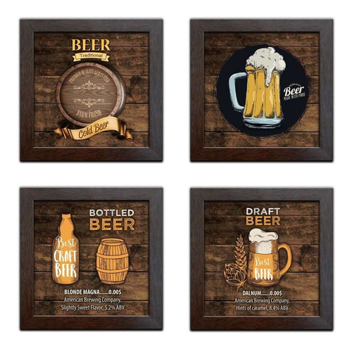 Quadro Decorativo C/ Moldura Cerveja Bebidas - Kit De 4 