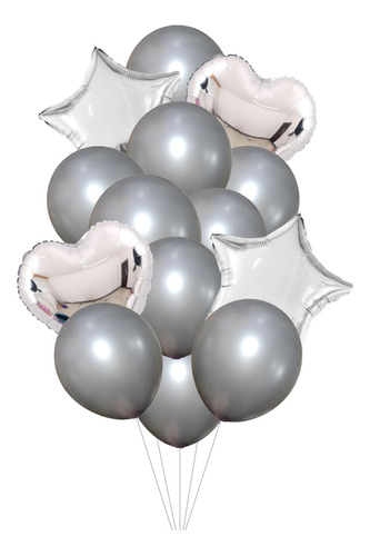 Set 14 Globos Metalizados Cumpleaños Estrella Corazón Plata