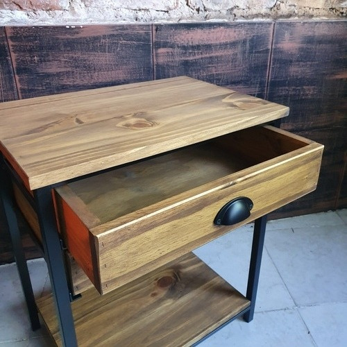 Imagen 3 de 6 de Mesa De Luz Con 2 Cajones Industrial Madera Hierro