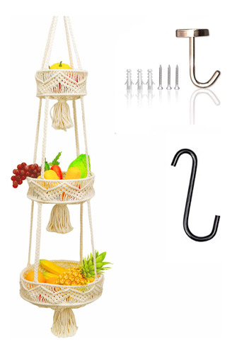 Cesta Fruta Para Cocina Colgante Hamaca 3 Nivel Macrame Boho