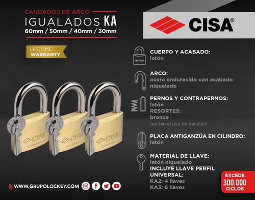Imagen 7 de 10 de Candados De Arco 30mm Laton Igualados 3 Unds 2 Llaves Cisa