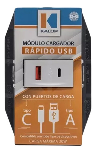 Modulo Cargador Rápido Toma Usb A 18w + Usb C 30w Kalop 