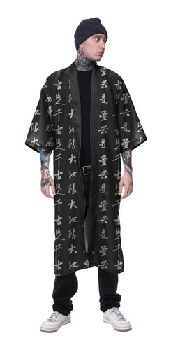 Kimono Haori Longo Kanji Nuvens China Japão Cloud Caligrafia