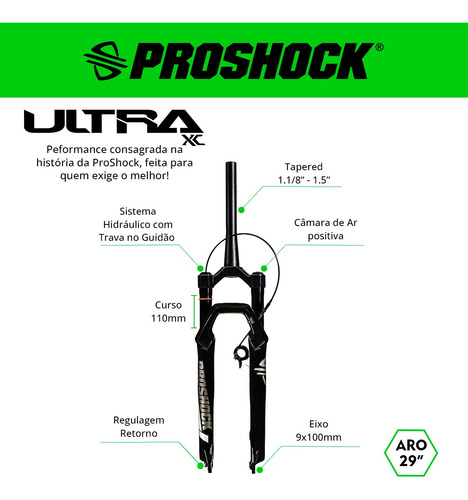 Garfo Suspensão Proshock Ultra Xc Tg Tap Eixo 9x100 - 110mm Preto