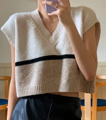 Sweaters Chaleco Oversize Sin Manga Cuello V Importado Mujer