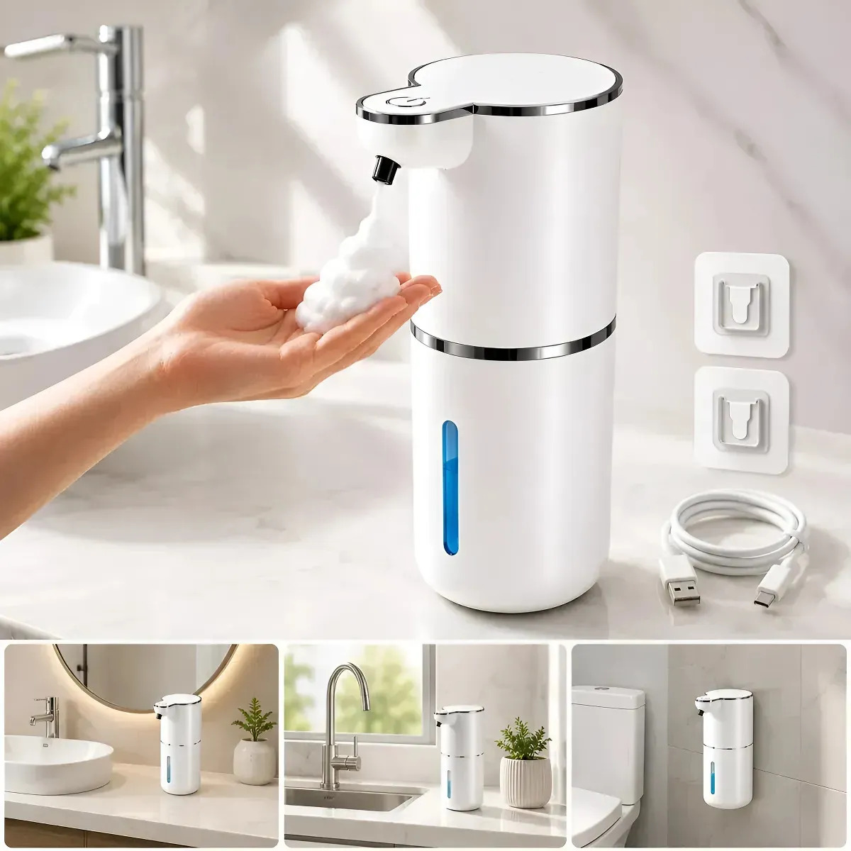 Saboneteira Automática Dispenser Recarregável Espuma Sensor Usb Lava Mãos Higiênico Desinfeta Sabonete Liquido Branco