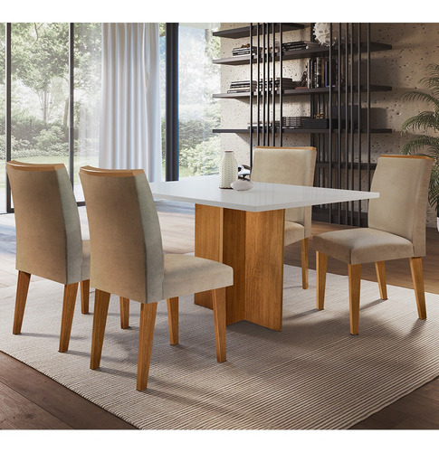 Sala De Jantar Olivia Em Mdf Com 4 Cadeiras Lunara Moderna Cor Turim / Off White / Imbuia Desenho do tecido das cadeiras Liso