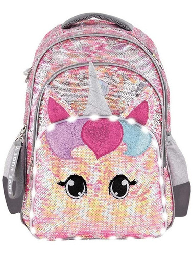 Mochila Unicornio Star Luz Led Y Lentejuelas Rev 18'' Footy Color Rosa/Gris