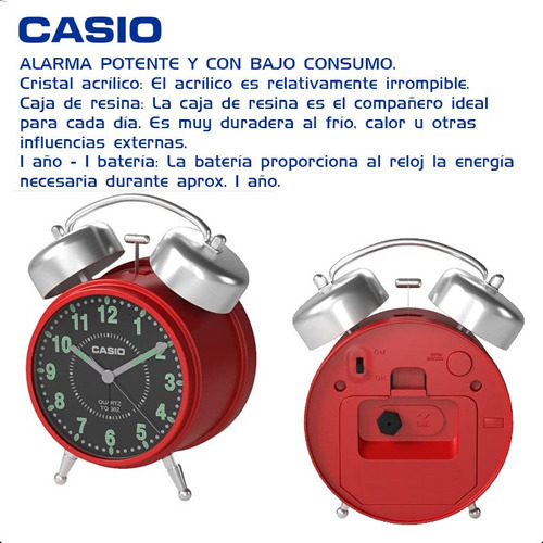 Despertador Digital Casio Vintage Tq362 Reloj Alarma Campana Color Rojo