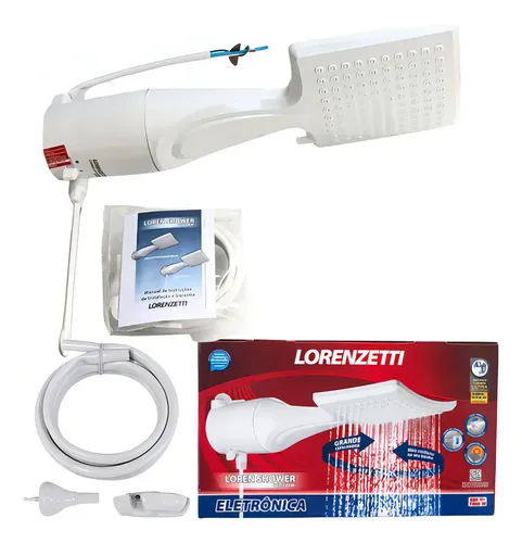 Kit completo do chuveiro Lorenzetti Shower Ultra com mangueira, acessórios e embalagem