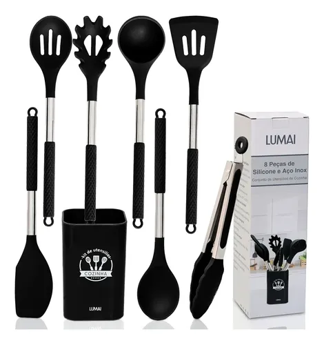 Kit De Utensilios De Cozinha Silicone Com Cabo Inox Grande Preto