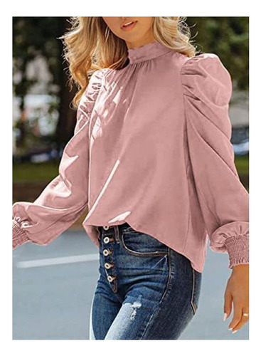 Camisa De Mujer Cuello Vuelto Manga Larga Abullonada Otoño