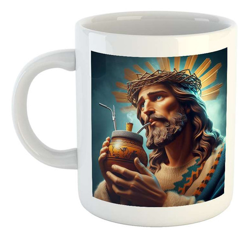 Taza Ceramica Jesus Tomando Mate Venecitas Arte Yerba