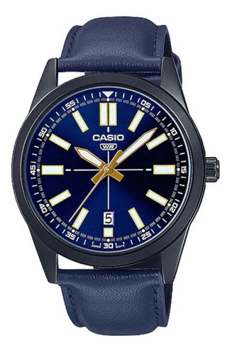 Relógio masculino Casio MTP-VD02BL-2EUDF 100% original, cor da pulseira, azul, cor do bisel, cor de fundo preta, azul