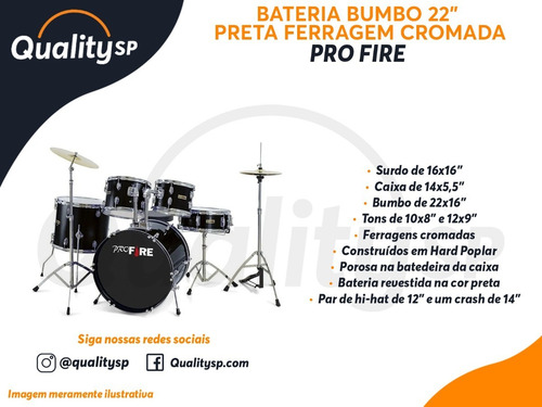 Imagem 6 de 6 de Bateria Pro Fire Bumbo 22 Preta Ferragem Cromada Com Pratos